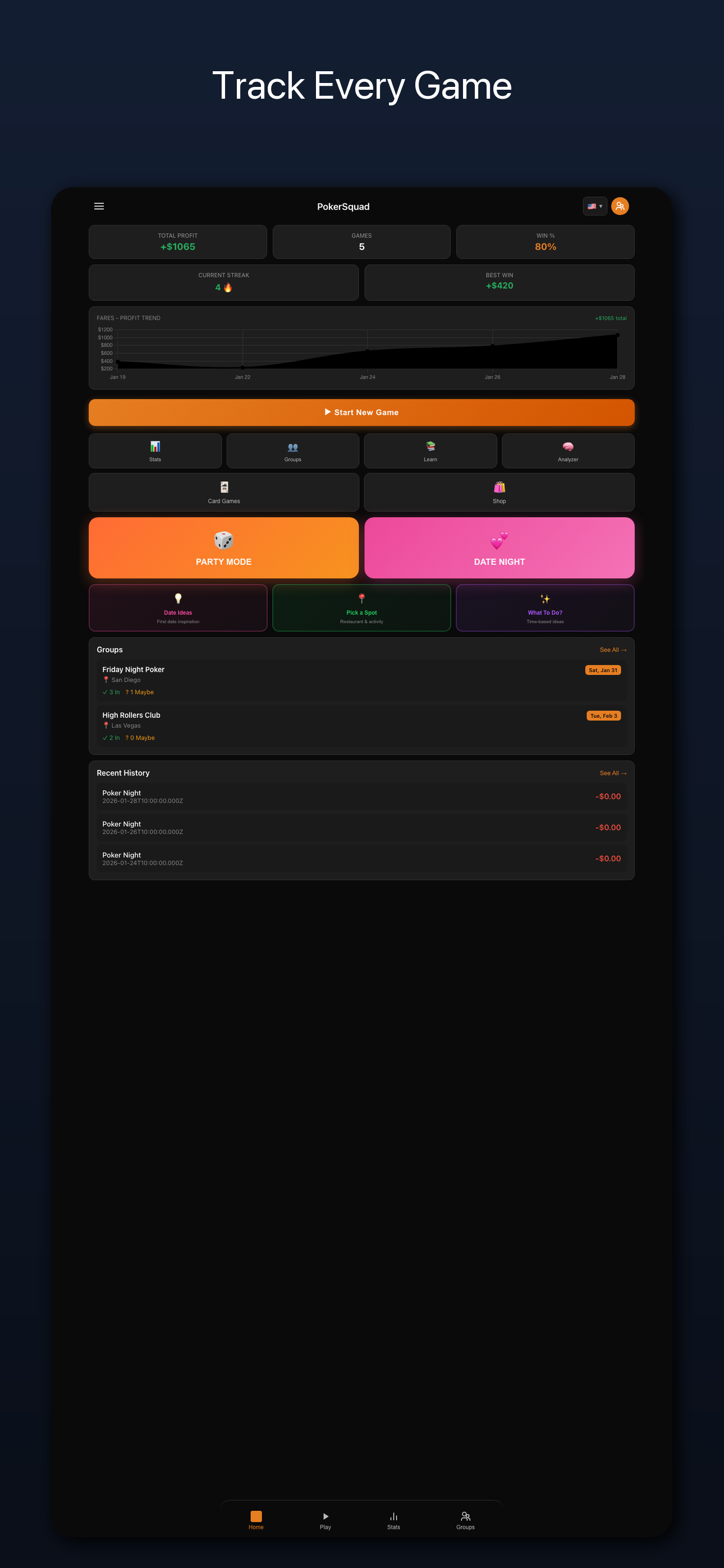 PokerSquad Home Dashboard